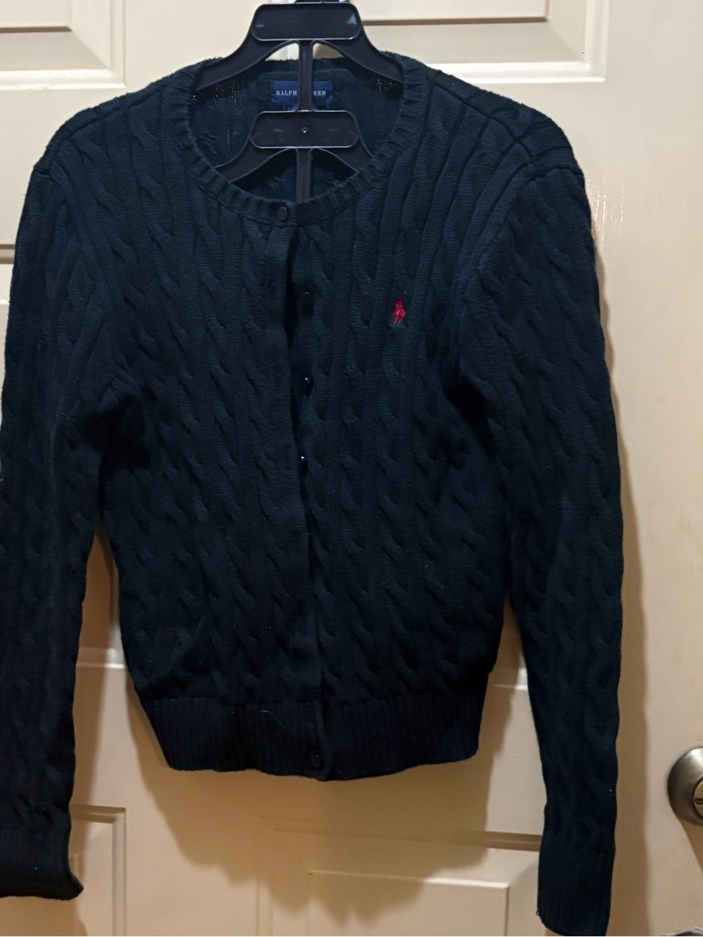 Ralph Lauren Girls Black Cable Knit Cardigan with Red Pony Size L 12-14
